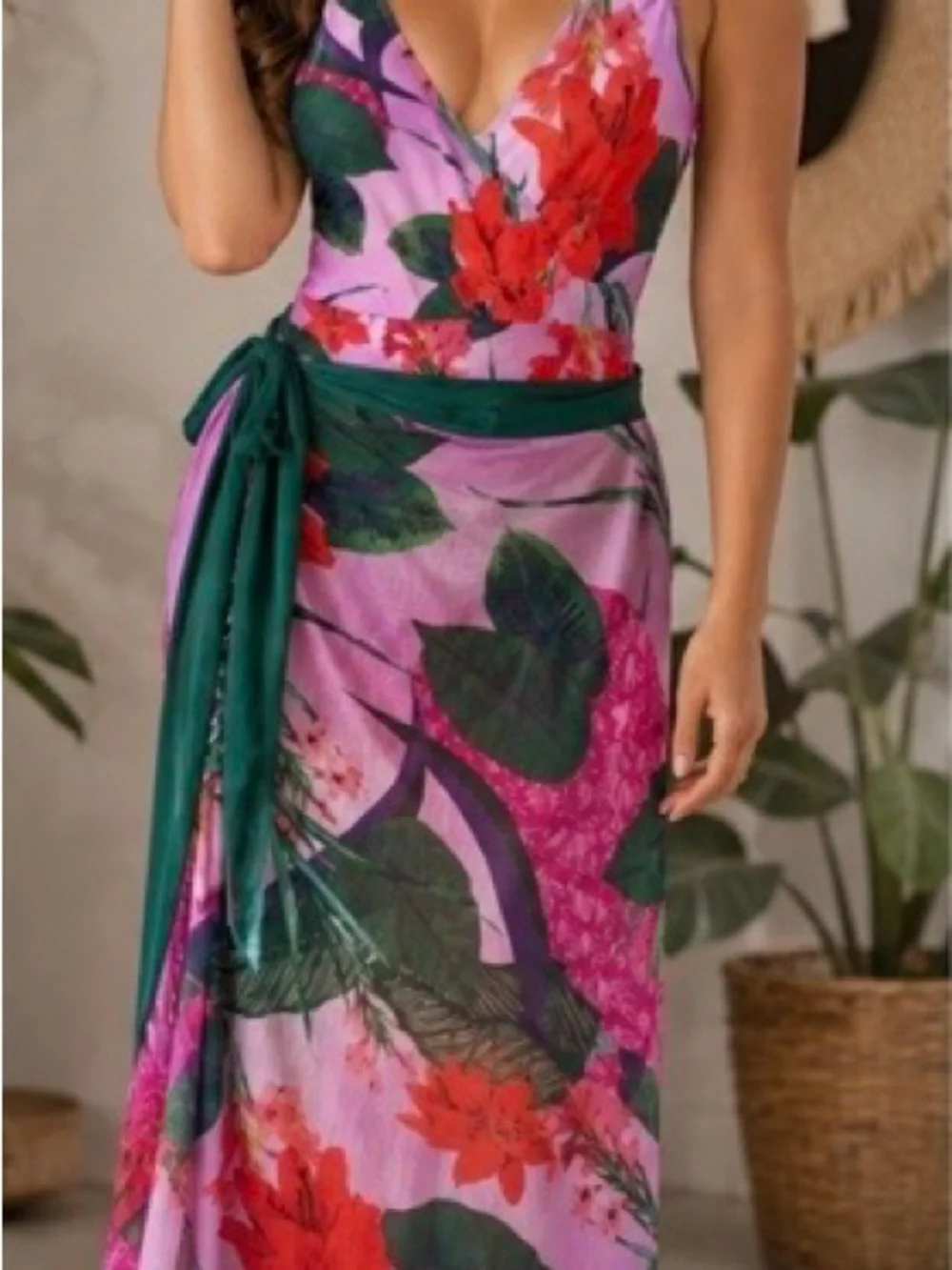 Floral V-Neck Maxi Wrap Swimsuit in Pink & Green